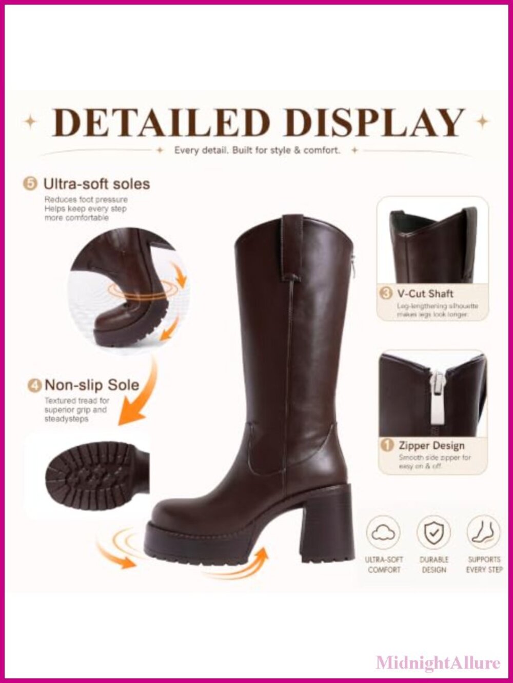 Women's Knee High Western Boots Leather Platform Chunky Heel - Picture 3 of 6